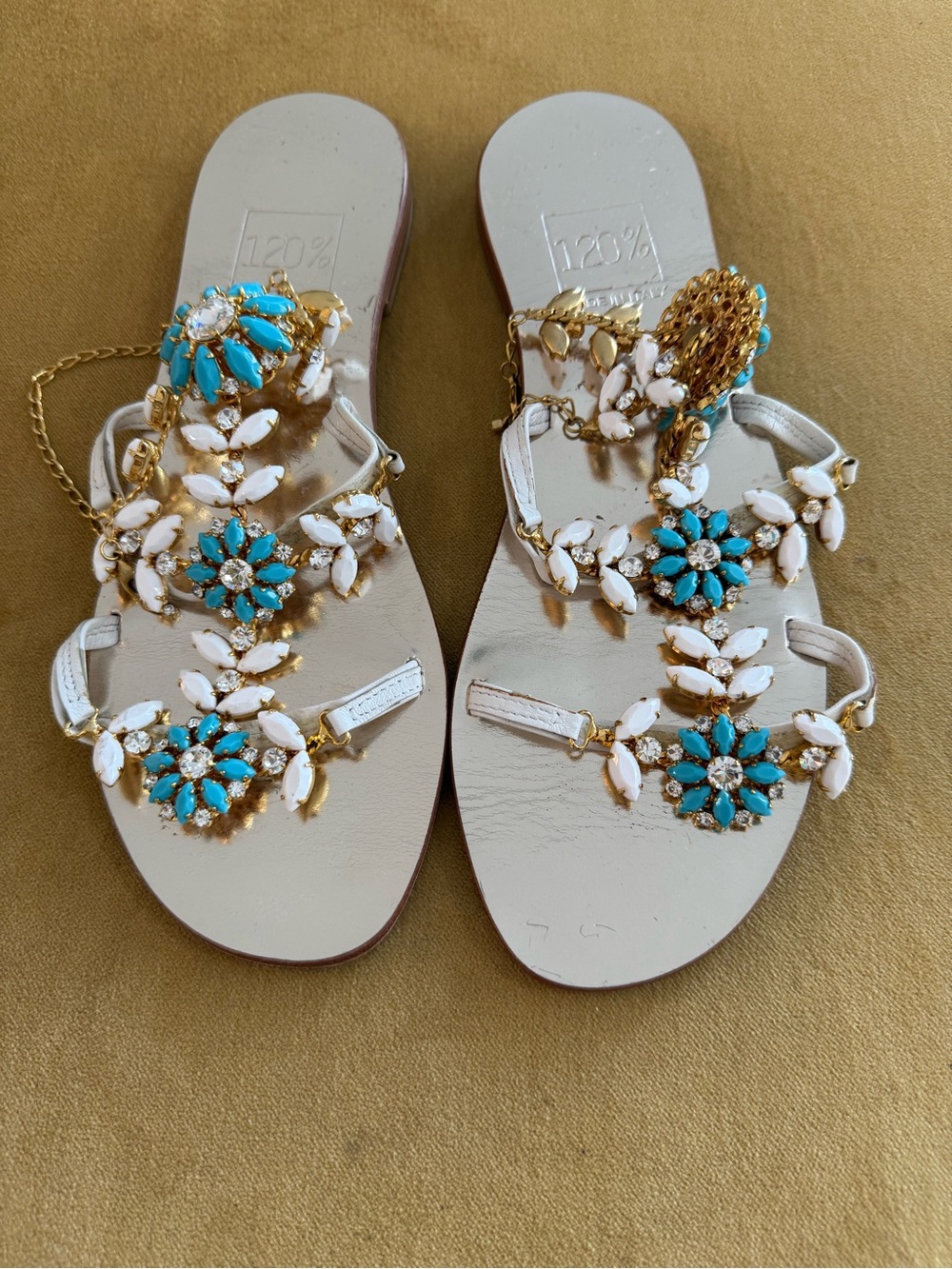Jeweled White & Turquoise Floral Thong Sandals